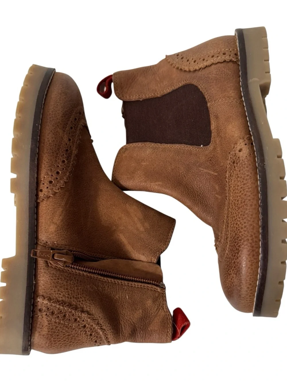 Mini Boden Kids Wingtip Chelsea Boots EU 31 Brown Leather Brogue Lug Sole